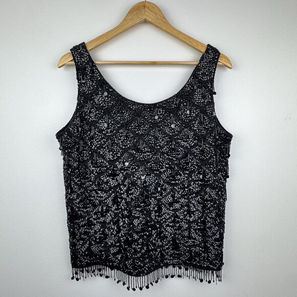 Vintage Tops - Vintage Heavy Beaded Fringe Tank Women M Black Sequin 50s 60s Old Hollywood Glam